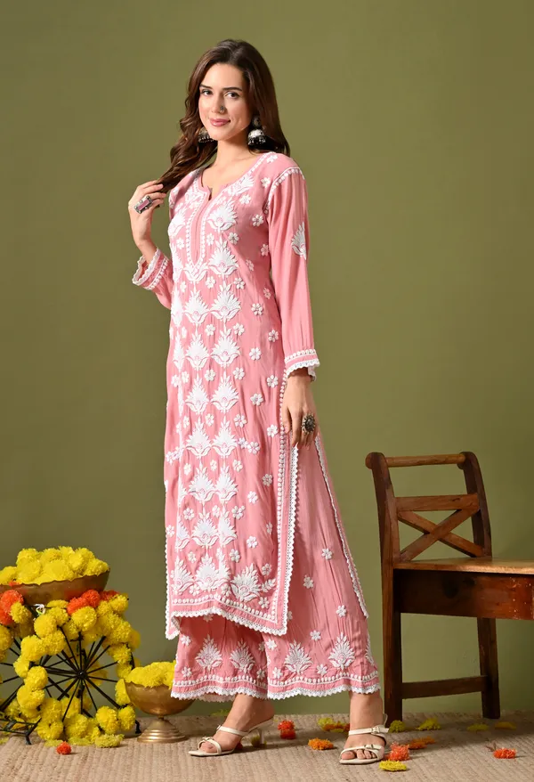 Syrish_Women's_Blush_Pink_Hand_Embroidered_Lucknow_Chikankari_Modal_Kurta_Palazzo_Set