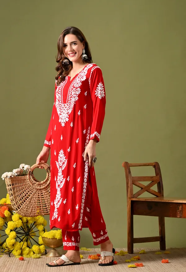 Syrish_Women's_Scarlet_Red_Hand_Embroidered_Lucknow_Chikankari_Modal_Kurta_Pant_Set