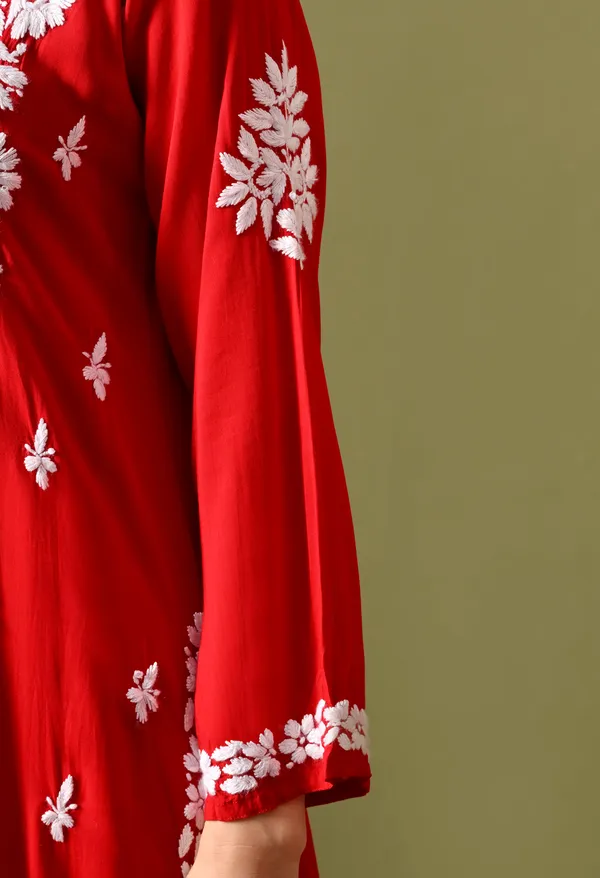 Syrish_Women's_Scarlet_Red_Hand_Embroidered_Lucknow_Chikankari_Modal_Kurta_Pant_Set