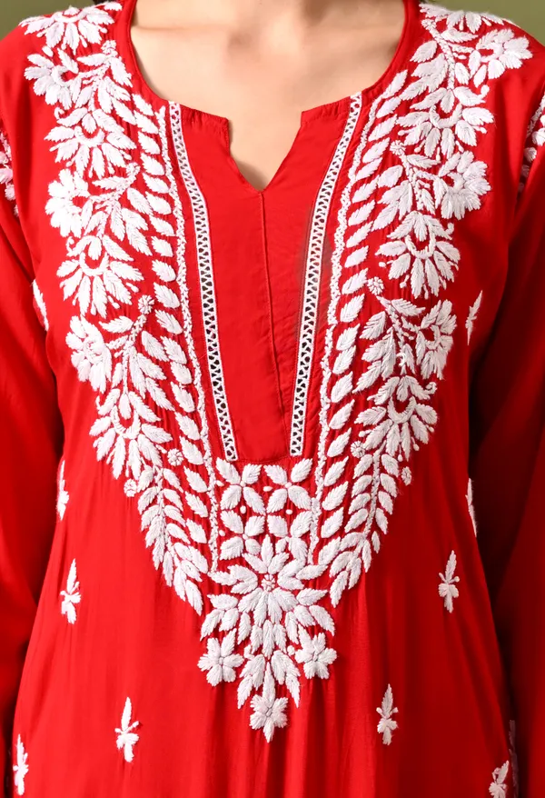 Syrish_Women's_Scarlet_Red_Hand_Embroidered_Lucknow_Chikankari_Modal_Kurta_Pant_Set