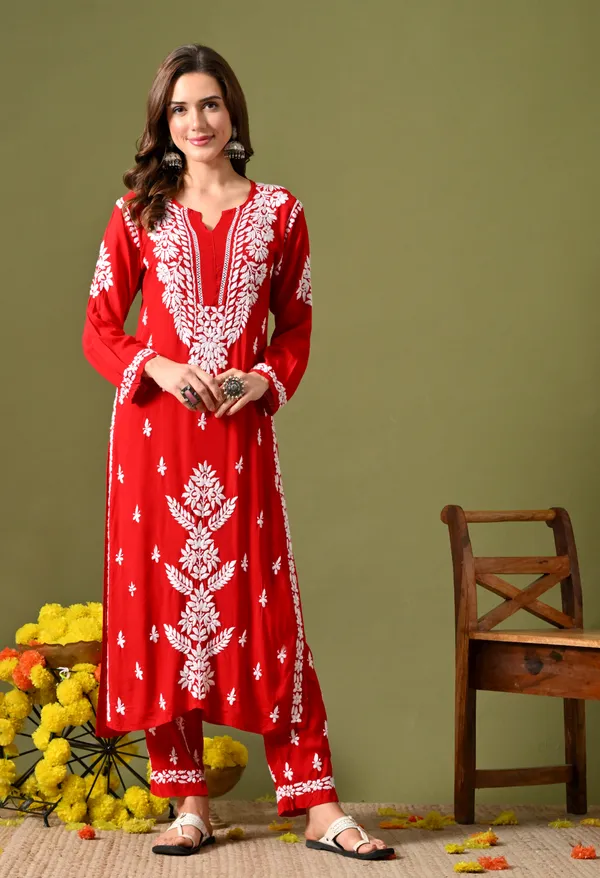 Syrish_Women's_Scarlet_Red_Hand_Embroidered_Lucknow_Chikankari_Modal_Kurta_Pant_Set