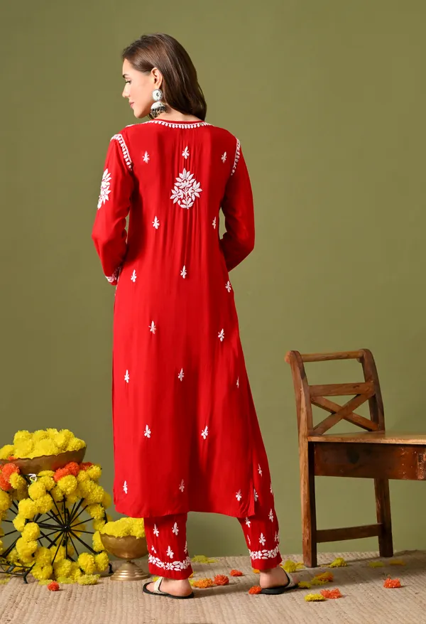 Syrish_Women's_Scarlet_Red_Hand_Embroidered_Lucknow_Chikankari_Modal_Kurta_Pant_Set