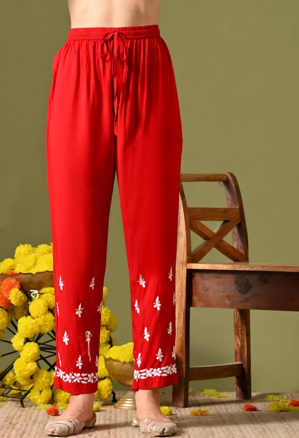 Syrish_Women's_Scarlet_Red_Hand_Embroidered_Lucknow_Chikankari_Modal_Kurta_Pant_Set