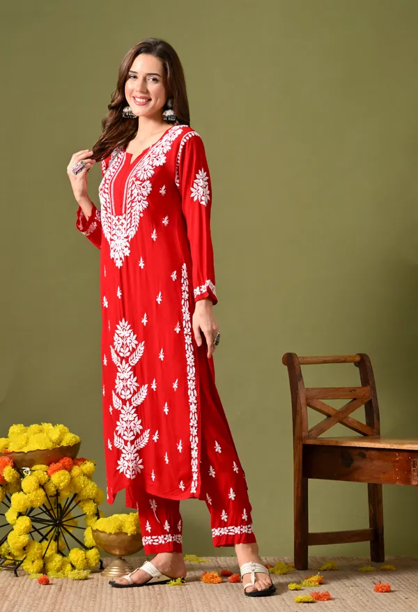 Syrish_Women's_Scarlet_Red_Hand_Embroidered_Lucknow_Chikankari_Modal_Kurta_Pant_Set