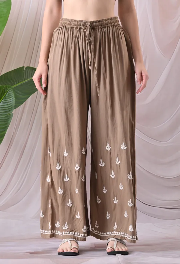 Syrish_Lucknowi_Chikankari_Rayon_Kurta_Palazzo_Set_with_Floral_Embroidery_Taupe
