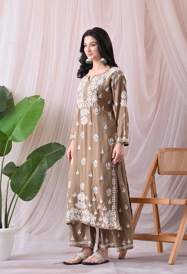 Syrish_Lucknowi_Chikankari_Rayon_Kurta_Palazzo_Set_with_Floral_Embroidery_Taupe