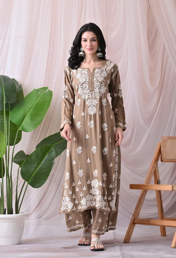 Syrish_Lucknowi_Chikankari_Rayon_Kurta_Palazzo_Set_with_Floral_Embroidery_Taupe