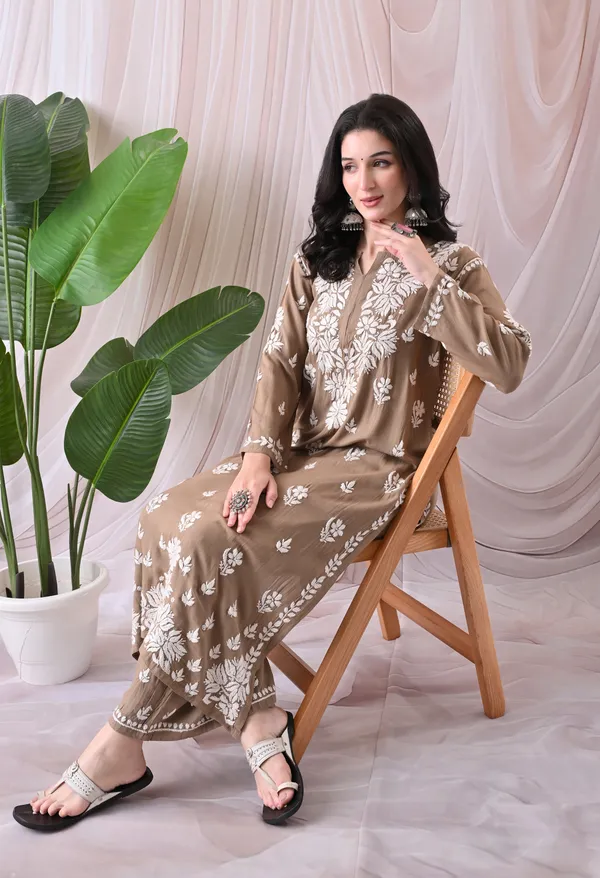 Syrish_Lucknowi_Chikankari_Rayon_Kurta_Palazzo_Set_with_Floral_Embroidery_Taupe