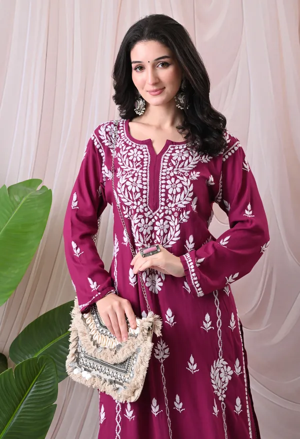 Syrish_Lucknowi_Chikankari_Rayon_Kurta_Palazzo_Set_with_Floral_Embroidery_Magenta