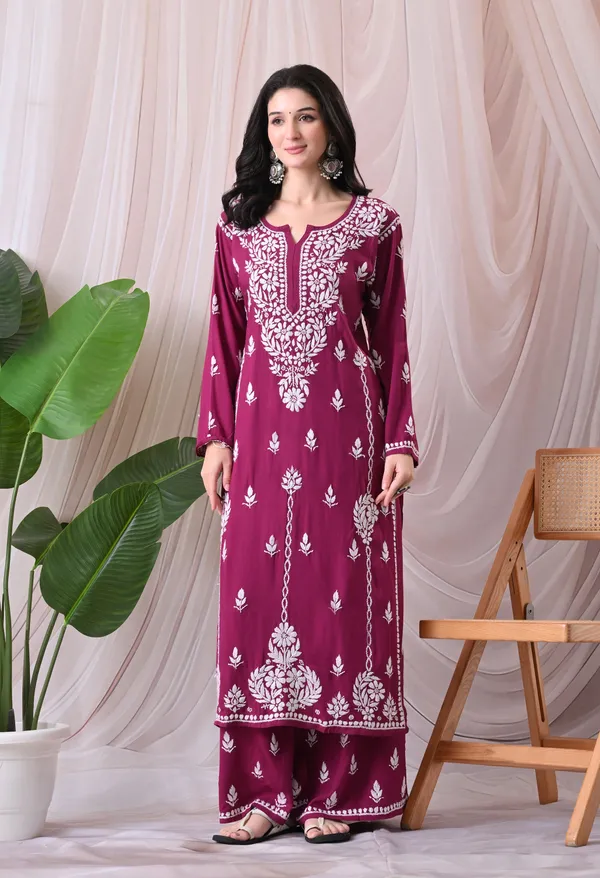 Syrish_Lucknowi_Chikankari_Rayon_Kurta_Palazzo_Set_with_Floral_Embroidery_Magenta