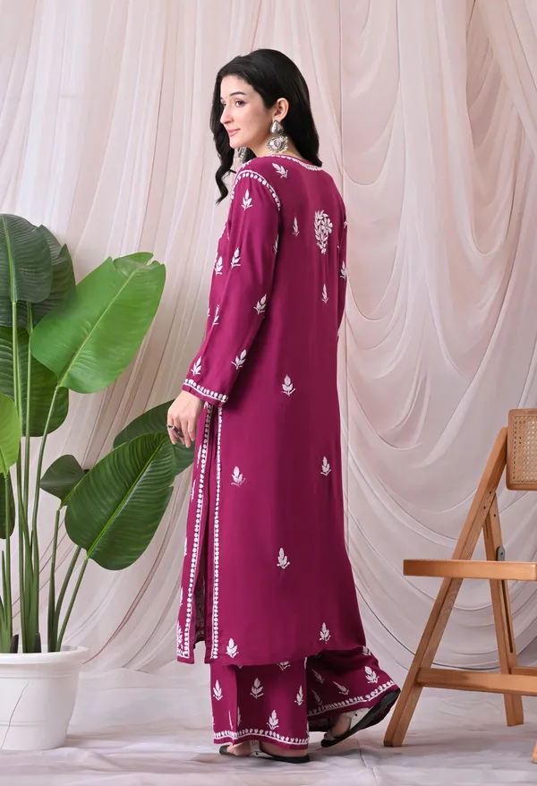 Syrish_Lucknowi_Chikankari_Rayon_Kurta_Palazzo_Set_with_Floral_Embroidery_Magenta