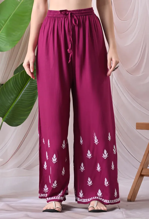 Syrish_Lucknowi_Chikankari_Rayon_Kurta_Palazzo_Set_with_Floral_Embroidery_Magenta
