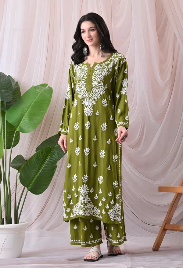 Syrish_Lucknowi_Chikankari_Rayon_Kurta_Palazzo_Set_with_Floral_Embroidery_Green