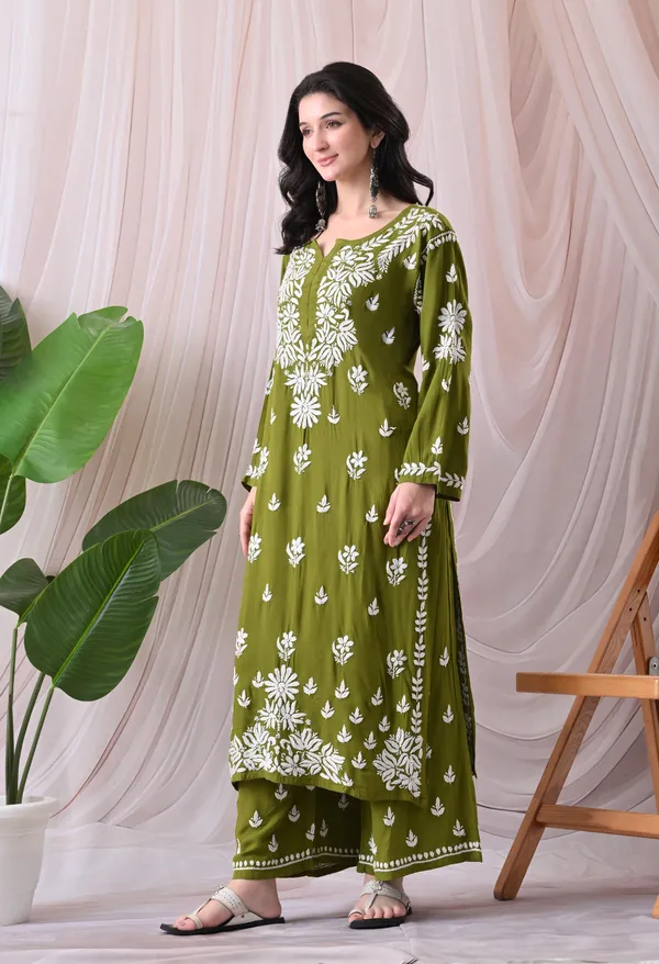 Syrish_Lucknowi_Chikankari_Rayon_Kurta_Palazzo_Set_with_Floral_Embroidery_Green