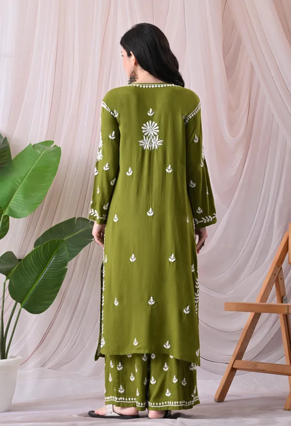 Syrish_Lucknowi_Chikankari_Rayon_Kurta_Palazzo_Set_with_Floral_Embroidery_Green
