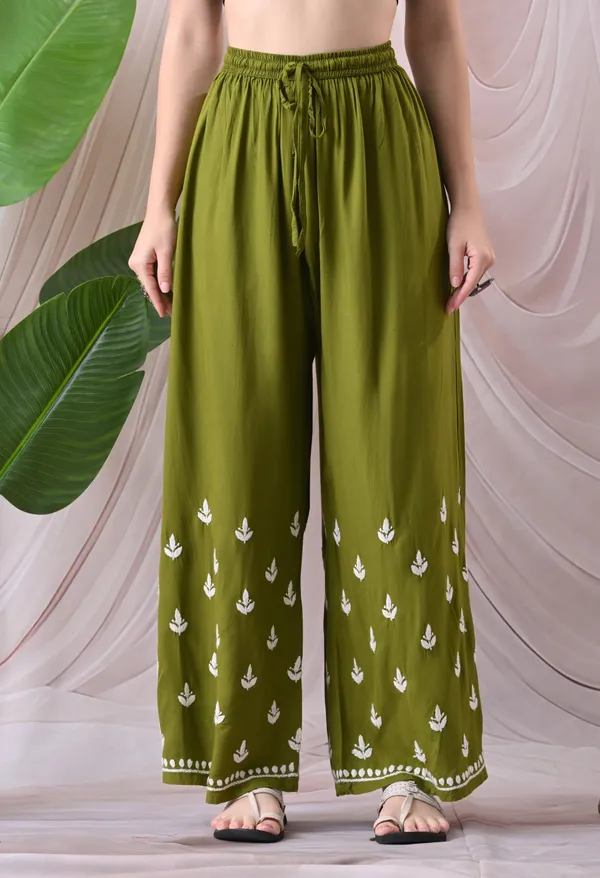 Syrish_Lucknowi_Chikankari_Rayon_Kurta_Palazzo_Set_with_Floral_Embroidery_Green