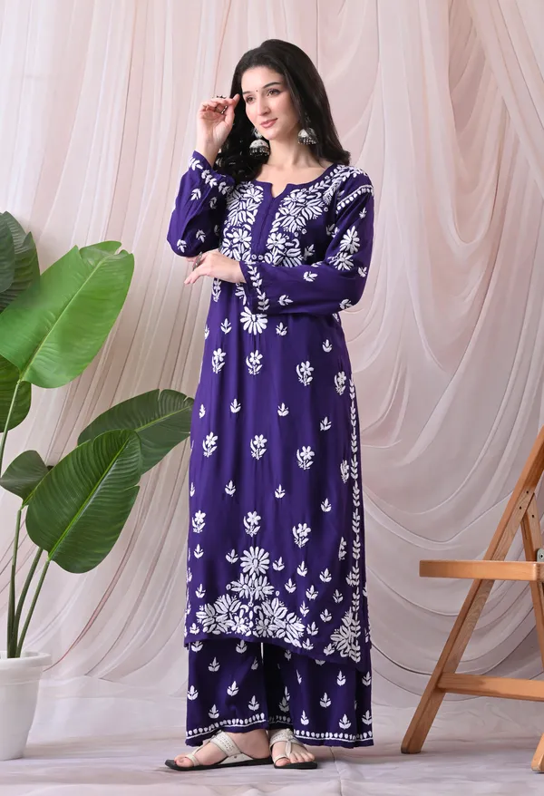 Syrish_Lucknowi_Chikankari_Rayon_Kurta_Palazzo_Set_with_Floral_Embroidery_Purple