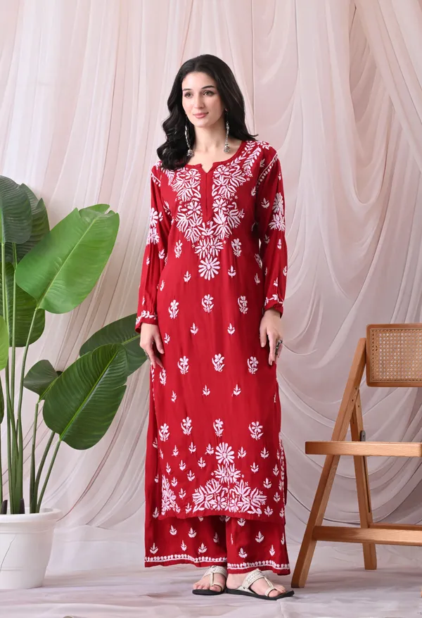 Syrish_Lucknowi_Chikankari_Rayon_Kurta_Palazzo_Set_with_Floral_Embroidery_Red