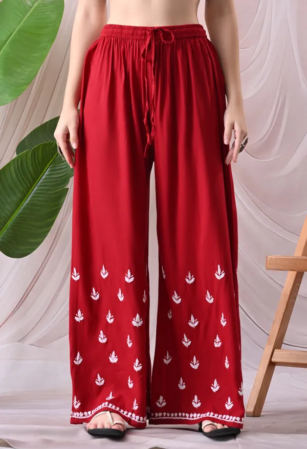 Syrish_Lucknowi_Chikankari_Rayon_Kurta_Palazzo_Set_with_Floral_Embroidery_Red