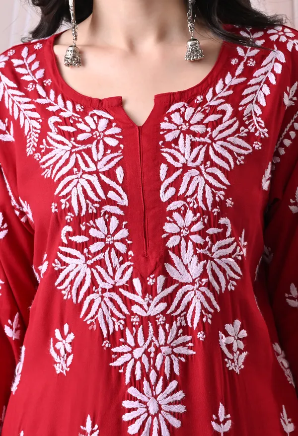 Syrish_Lucknowi_Chikankari_Rayon_Kurta_Palazzo_Set_with_Floral_Embroidery_Red