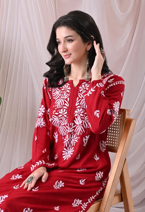 Syrish_Lucknowi_Chikankari_Rayon_Kurta_Palazzo_Set_with_Floral_Embroidery_Red