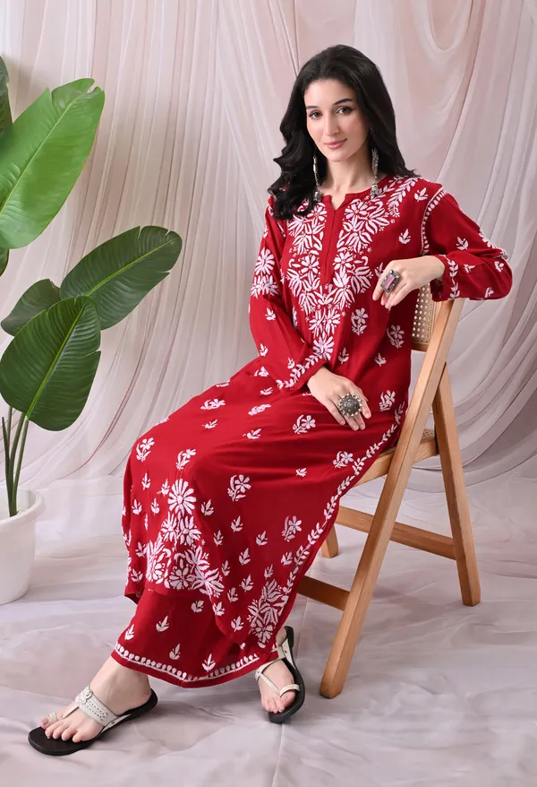 Syrish_Lucknowi_Chikankari_Rayon_Kurta_Palazzo_Set_with_Floral_Embroidery_Red