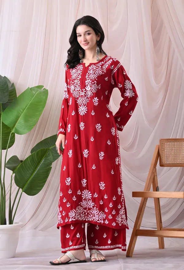 Syrish_Lucknowi_Chikankari_Rayon_Kurta_Palazzo_Set_with_Floral_Embroidery_Red