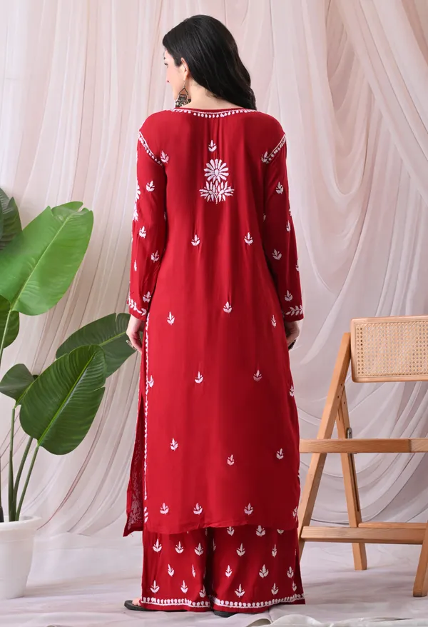 Syrish_Lucknowi_Chikankari_Rayon_Kurta_Palazzo_Set_with_Floral_Embroidery_Red