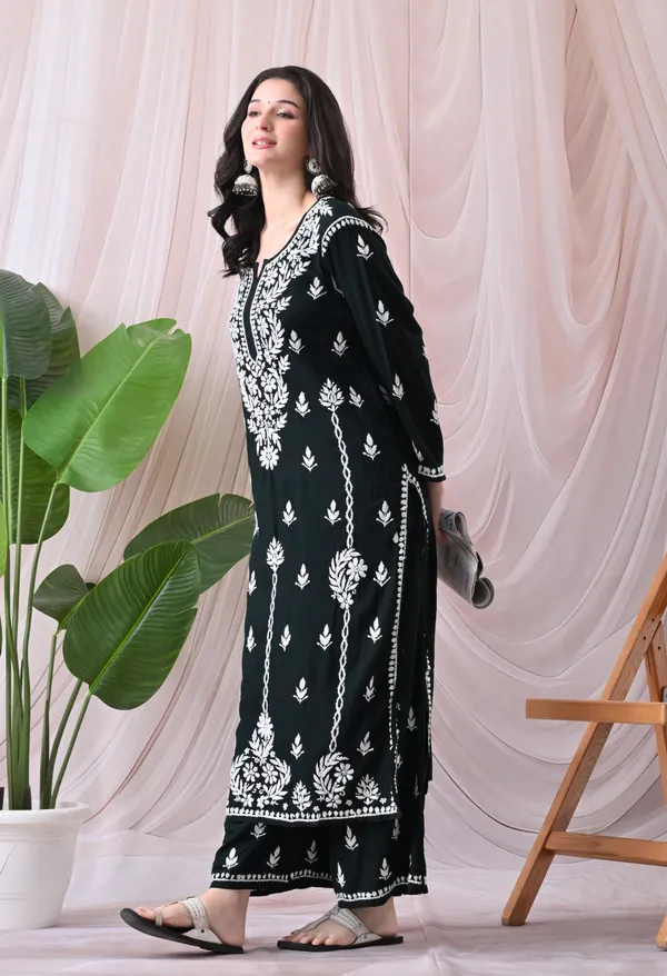 Syrish_Lucknowi_Chikankari_Rayon_Kurta_Palazzo_Set_with_Floral_Embroidery_Black