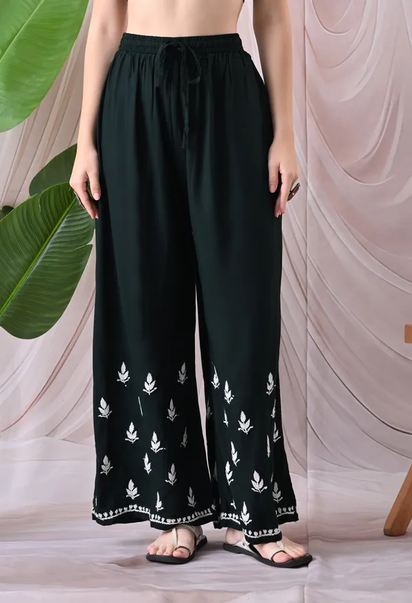 Syrish_Lucknowi_Chikankari_Rayon_Kurta_Palazzo_Set_with_Floral_Embroidery_Black