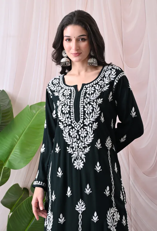 Syrish_Lucknowi_Chikankari_Rayon_Kurta_Palazzo_Set_with_Floral_Embroidery_Black