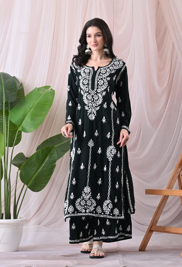 Syrish_Lucknowi_Chikankari_Rayon_Kurta_Palazzo_Set_with_Floral_Embroidery_Black