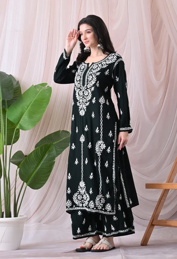 Syrish_Lucknowi_Chikankari_Rayon_Kurta_Palazzo_Set_with_Floral_Embroidery_Black