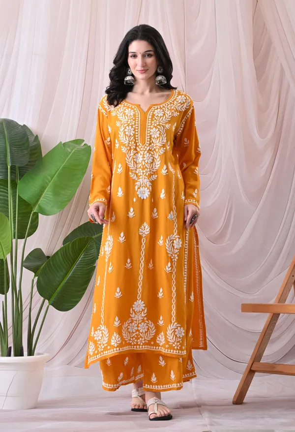 Syrish_Lucknowi_Chikankari_Rayon_Kurta_Palazzo_Set_with_Floral_Embroidery_Yellow