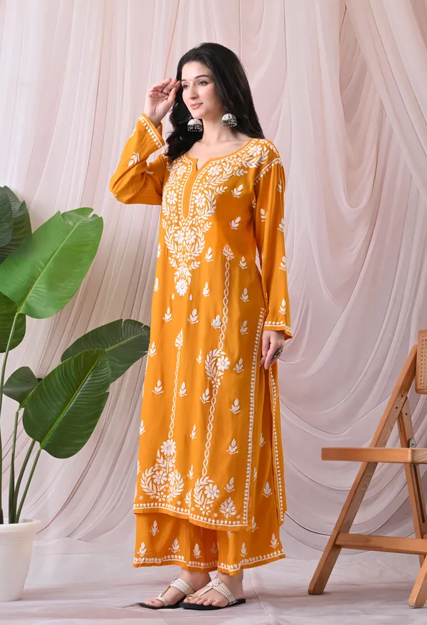 Syrish_Lucknowi_Chikankari_Rayon_Kurta_Palazzo_Set_with_Floral_Embroidery_Yellow