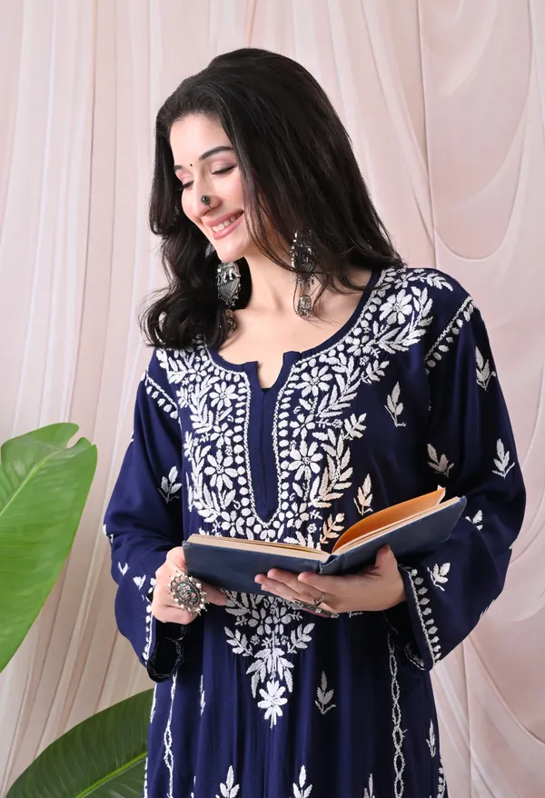 Syrish_Lucknowi_Chikankari_Rayon_Kurta_Palazzo_Set_with_Floral_Embroidery_Navy_Blue
