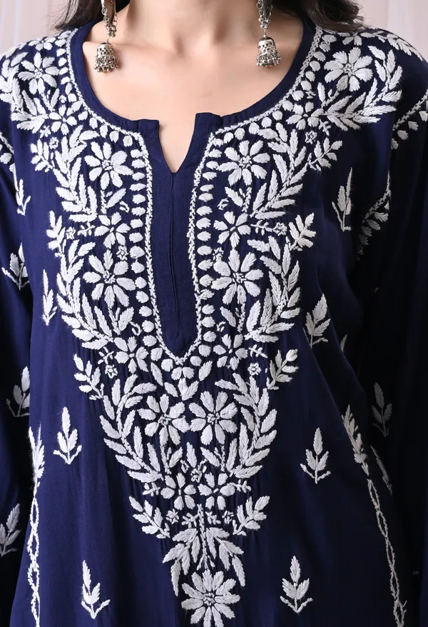 Syrish_Lucknowi_Chikankari_Rayon_Kurta_Palazzo_Set_with_Floral_Embroidery_Navy_Blue