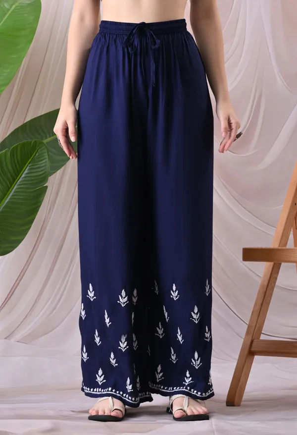 Syrish_Lucknowi_Chikankari_Rayon_Kurta_Palazzo_Set_with_Floral_Embroidery_Navy_Blue