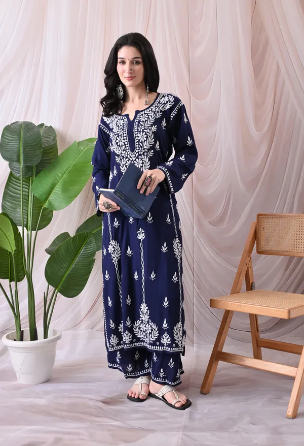 Syrish_Lucknowi_Chikankari_Rayon_Kurta_Palazzo_Set_with_Floral_Embroidery_Navy_Blue