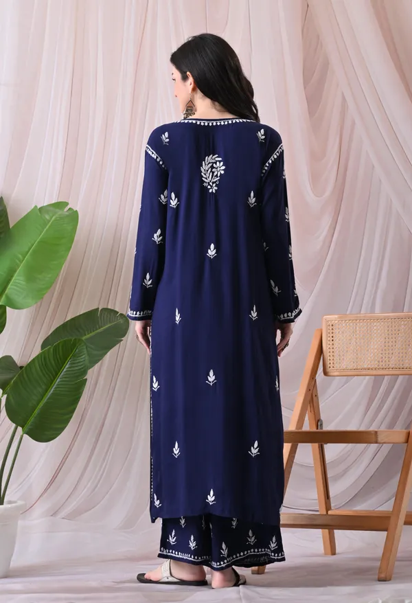Syrish_Lucknowi_Chikankari_Rayon_Kurta_Palazzo_Set_with_Floral_Embroidery_Navy_Blue