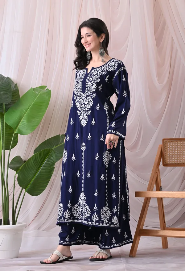 Syrish_Lucknowi_Chikankari_Rayon_Kurta_Palazzo_Set_with_Floral_Embroidery_Navy_Blue