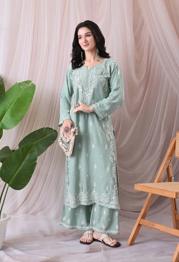 Syrish_Lucknowi_Chikankari_Rayon_Kurta_Palazzo_Set_with_Floral_Embroidery_Sea_Green