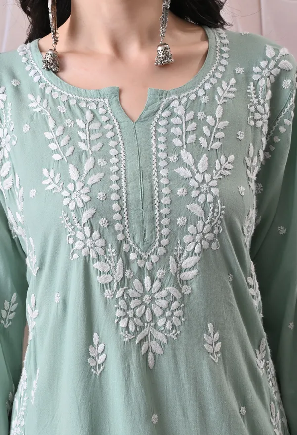 Syrish_Lucknowi_Chikankari_Rayon_Kurta_Palazzo_Set_with_Floral_Embroidery_Sea_Green