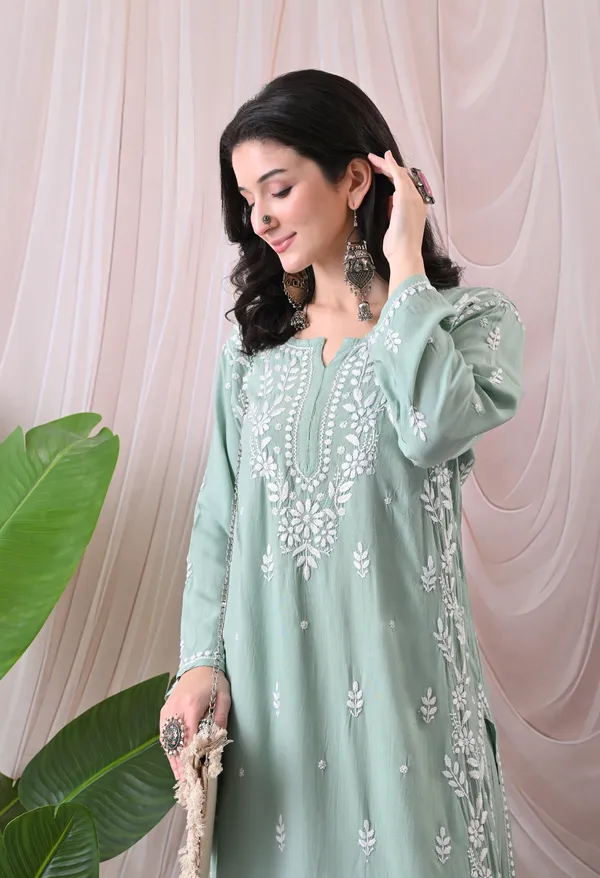Syrish_Lucknowi_Chikankari_Rayon_Kurta_Palazzo_Set_with_Floral_Embroidery_Sea_Green