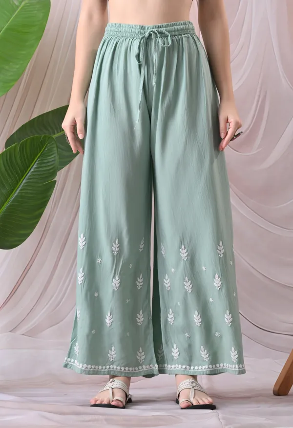Syrish_Lucknowi_Chikankari_Rayon_Kurta_Palazzo_Set_with_Floral_Embroidery_Sea_Green