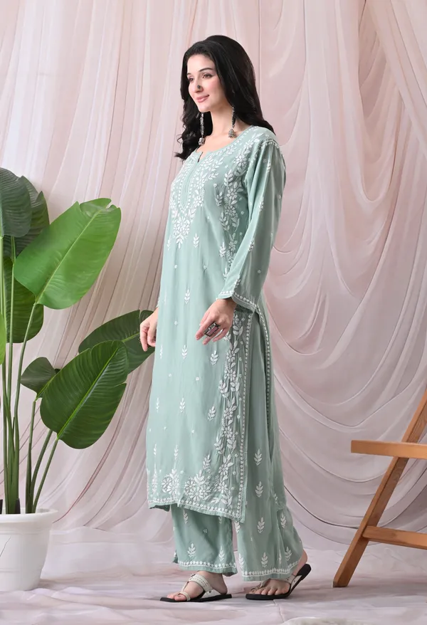 Syrish_Lucknowi_Chikankari_Rayon_Kurta_Palazzo_Set_with_Floral_Embroidery_Sea_Green