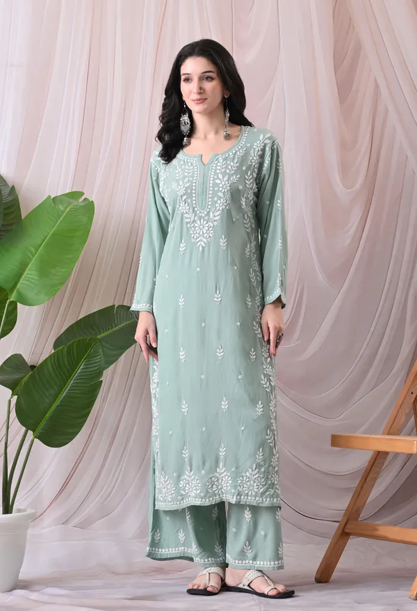 Syrish_Lucknowi_Chikankari_Rayon_Kurta_Palazzo_Set_with_Floral_Embroidery_Sea_Green
