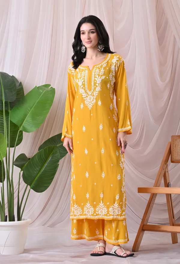 Syrish_Lucknowi_Chikankari_Rayon_Kurta_Palazzo_Set_with_Floral_Embroidery_Mango_Yellow