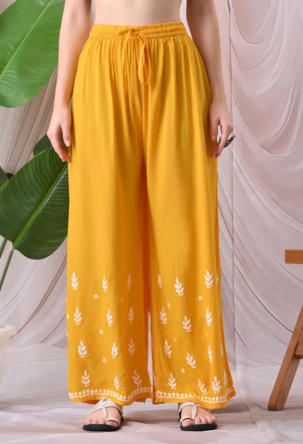 Syrish_Lucknowi_Chikankari_Rayon_Kurta_Palazzo_Set_with_Floral_Embroidery_Mango_Yellow