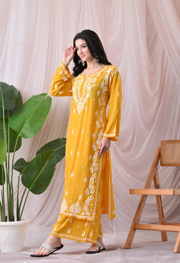 Syrish_Lucknowi_Chikankari_Rayon_Kurta_Palazzo_Set_with_Floral_Embroidery_Mango_Yellow